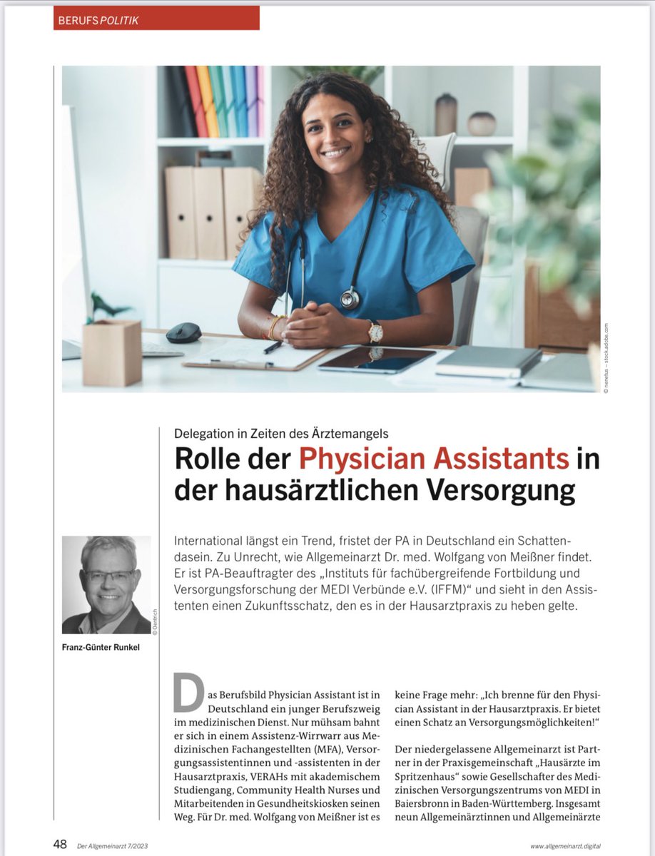 WCGvM's tweet photo. Der #Allgemeinarzt berichtet in Ausgabe 7/2023 über #Delegation in Zeiten des Ärztemangels:
„Rolle der Physician Assistants in der hausärztlichen #Versorgung“ - ein Erfahrungsbericht aus #Baiersbronn im #Nordschwarzwald.

@MEDIVERBUND - @regiopraxis - @MEDI_MVZ - #PA https://t.co/RiOpjMzXmp