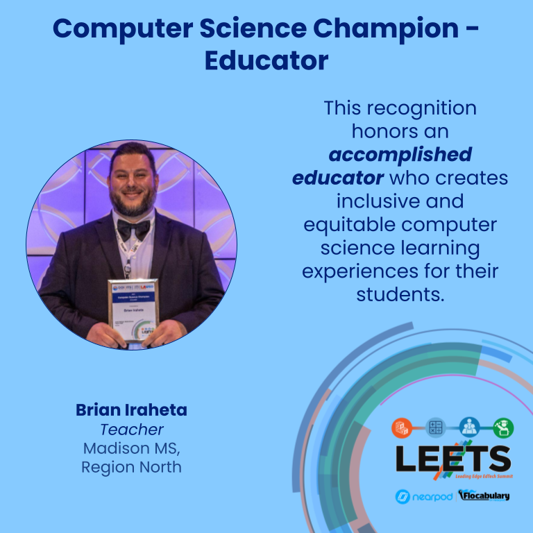 LAUSD_EdTech's tweet photo. Let's hear it for @iraheta_brian, a #LEETS23 Honoree recognized as an accomplished Computer Science Champion Educator who creates inclusive and equitable Computer Science learning experiences for the students at @JMMS_Bulldogs @LASchoolsNorth! Congrats!

#CS4LAUSD #EmpoweredByITI https://t.co/XMxbgsCCew