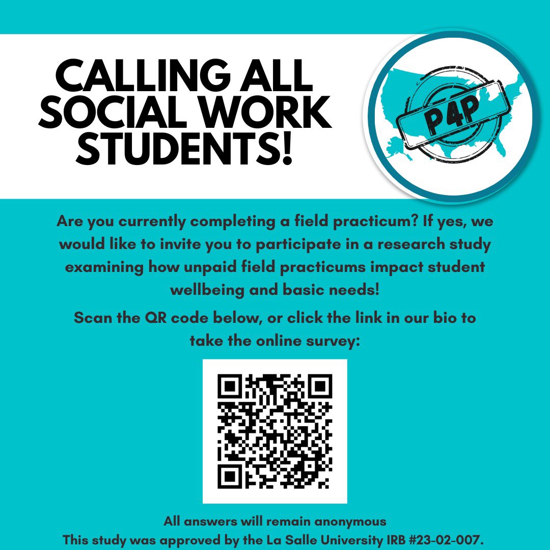 Calling all social work students! Are you currently completing a field practicum? If yes, we would like to invite you to participate in a research study examining how unpaid field work impacts student wellbeing. Click the link in our bio to take the survey! #socialworktwitter