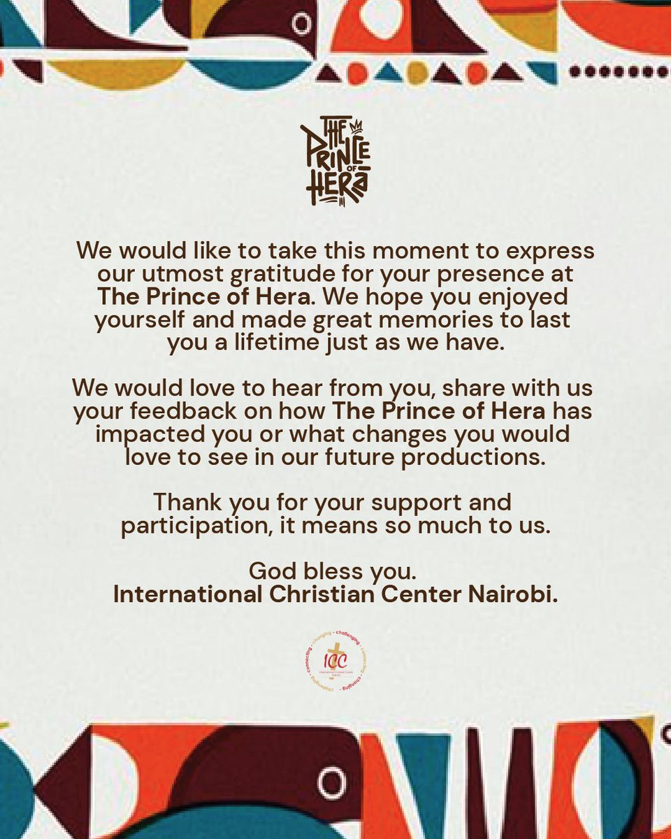 icc_nairobi's tweet photo. Thank you for attending The Prince of Hera! Your presence meant a lot to us and we hope you enjoyed it as much as we did. 
We appreciate your support and look forward to seeing you at our next event. 
#ThePrinceOfHera 
#Easter2023 
#AllIn https://t.co/HQatu4WLxP