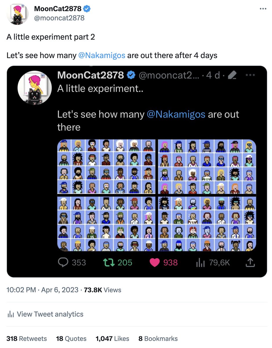 A little experiment part 3 

Let's see if the <a href="/Nakamigos/">Nakamigos</a> community has grown again

#1 205 RT and 938 Likes
#2 336 RT and 1046 Likes