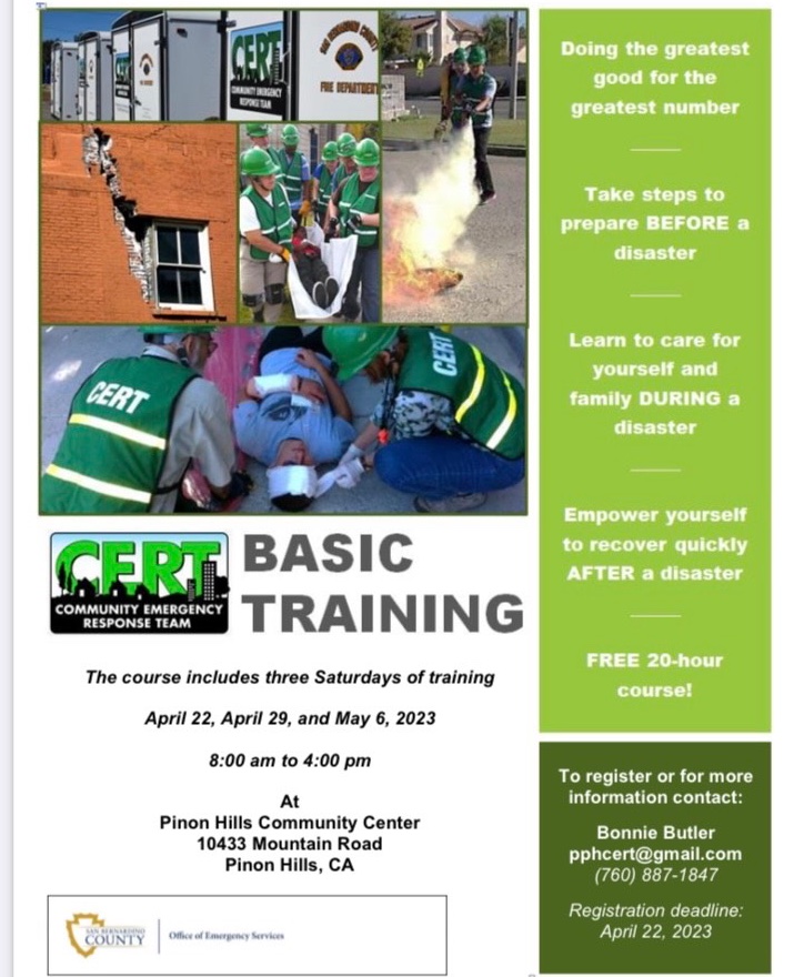 SupervisorCook's tweet photo. The #Phelan and #PinonHills #CERT team is seeking new members! 

Register now for the free 3-day course, which takes place from 8 a.m.-4 p.m. April 22, April 29 and May 6 at the Pinon Hills Community Center.

For info, contact Bonnie Butler at pphcert@gmail.com
or (760) 887-1847. https://t.co/aAobnOoTPW