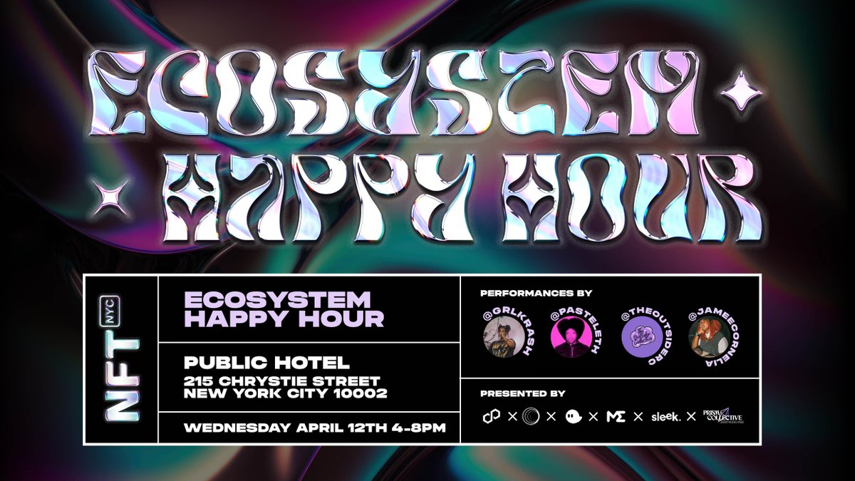 pastelETH's tweet photo. [Pastel x NFT NYC Show #1]

@DeGodsNFT DeNYC Ecosystem Happy Hour

@ Public Hotel

4/12 @ 7pm ET (my set)

free &amp; open to the public

in partnership with @PrismQTBIPOC3 @0xPolygonLabs @DeGodsNFT @y00tsNFT @MagicEden @wormholecrypto @phantom @ChapterX_world 

🎨: @AbstractBLVCK https://t.co/o1q8o69eyY