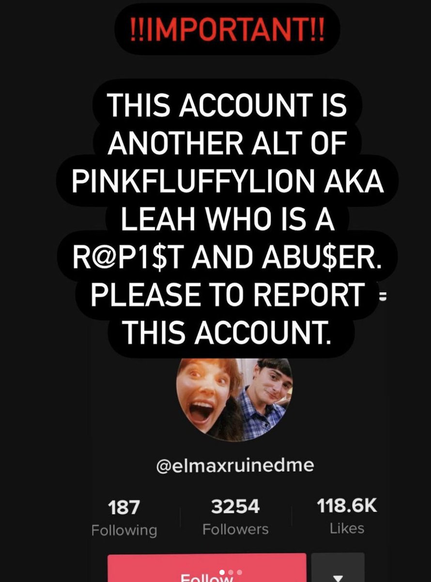 bewareofpink's tweet photo. IMPORTANT / PLEASE SHARE!
Pinkfluffylion (aka Leah) has made yet another alternate account, this time on TikTok. The user is @/elmaxruinedme and screenshots of said account have been provided below. If you can, please share both on here and TikTok and report their account. https://t.co/rQA6jKA4Bd