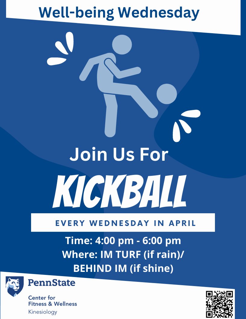 Join Us Every Wednesday in April for Kickball and Arboretum Walks! Kickball on the IM Turf (Rain) or Behind IM (Shine) 4 PM - 6 PM. Arboretum Walks check in at the Exercise is Medicine table. All are welcome!! #eim #psueim #exerciseismedicine #psu