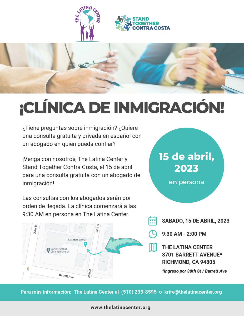 StandTogetherCC's tweet image. ¿Tiene preguntas sobre inmigración? ¿Quiere una consulta gratuita y privada en español con un abogado en quien pueda confiar?

¡Venga con nosotros, The Latina Center y Stand Together Contra Costa, el 15 de abril, a las 930am : para una consulta gratuita con un abogado!