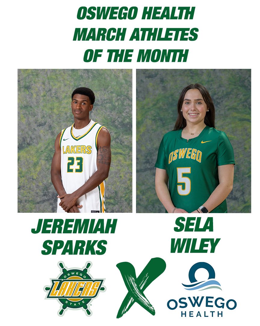 OswegoAthletics's tweet photo. Your Oswego Health Athletes of the Month for March are here!! Please help us in congratulating Jeremiah Sparks of Men’s Basketball and Sela Wiley of Women’s Lacrosse as our March Athletes of the Month! https://t.co/rAUKm6HgEk