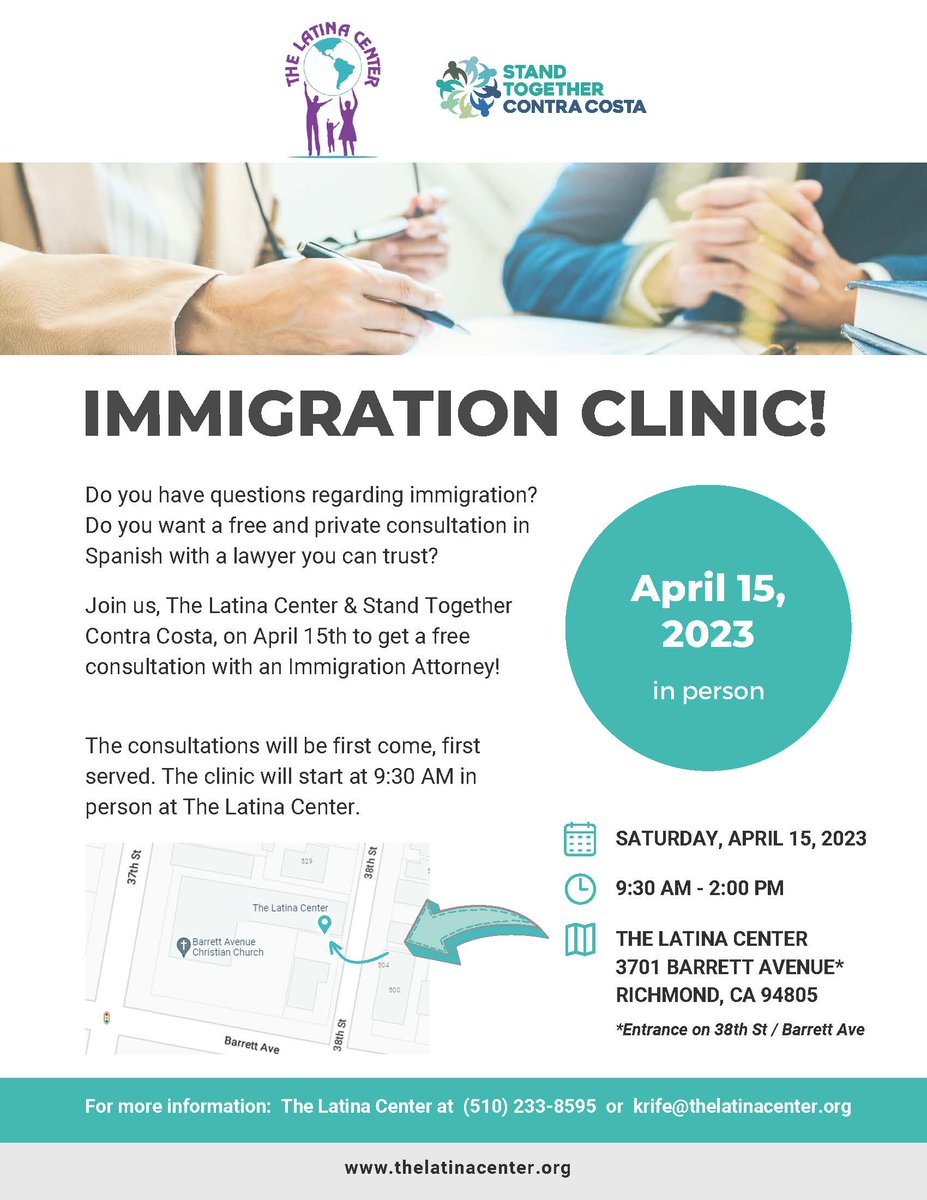 StandTogetherCC's tweet image. Do you have questions regarding immigration?  Do you want a free and private consultation in Spanish with a lawyer you can trust?

Join us, The Latina Center &amp;amp; Stand Together Contra Costa, on April 15th at 9:30am to get a free consultation with an Immigration Attorney!