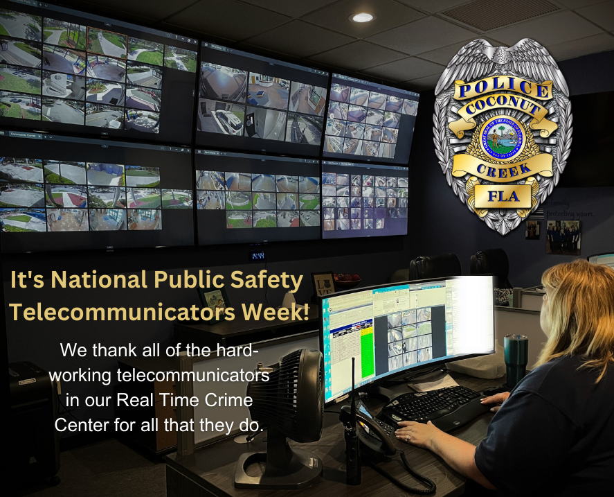 CoconutCreekPD's tweet photo. It's #NationalPublicSafetyTelecommunicatorsWeek! We would like to thank all of the #HardWorking #telecommunicators in our #RealTimeCrimeCenter for the valuable roles they play on our team! #WorkingTogether #MakingaDifference #MyCoconutCreek https://t.co/zeTRPKOhjq