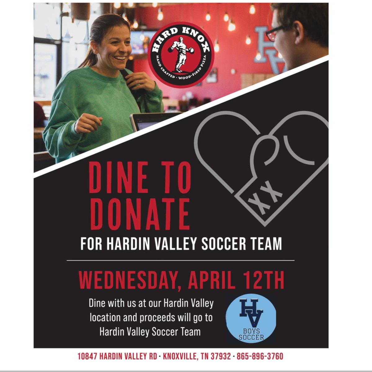 HVA_boyssoccer's tweet photo. 🗓️Anyone meal prepping for the week? 

✅We've got your Wednesday covered!!

🍕Dine to Donate @hardknoxpizza - Hardin Valley  
       anytime 11am - 9pm Wednesday, April 12th!

💰Proceeds will go to the team!

@HVAHawks @HVAAthletics https://t.co/8ngmEg5Vz8