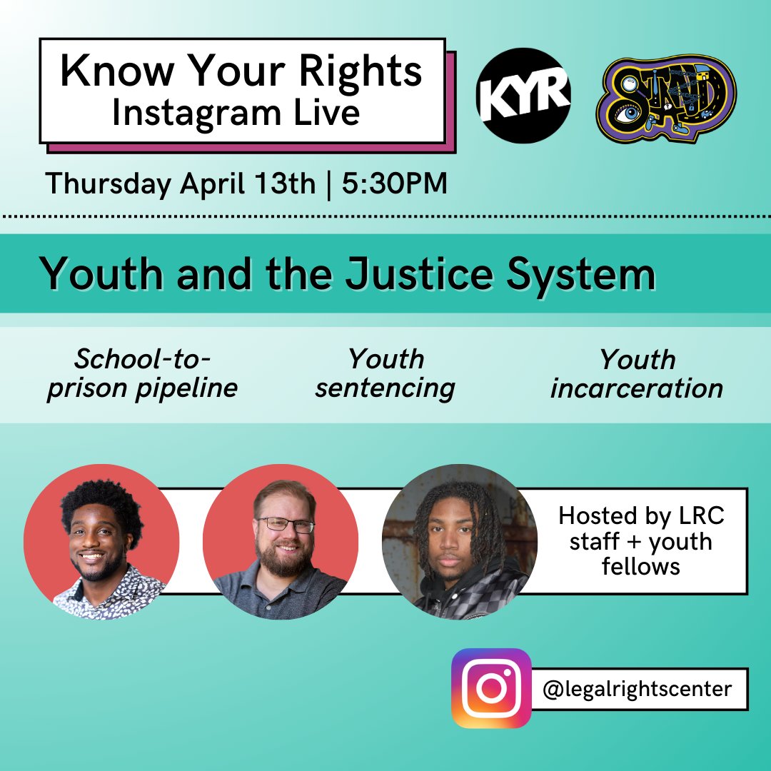Join LRC staff and youth fellows on IG Live this Thursday, April 13th at 5:30PM for "Youth and the Justice System" - a conversation about the school-to-prison pipeline, youth sentencing, and youth incarceration.

Drop in as you can, and bring any questions you have for the team!