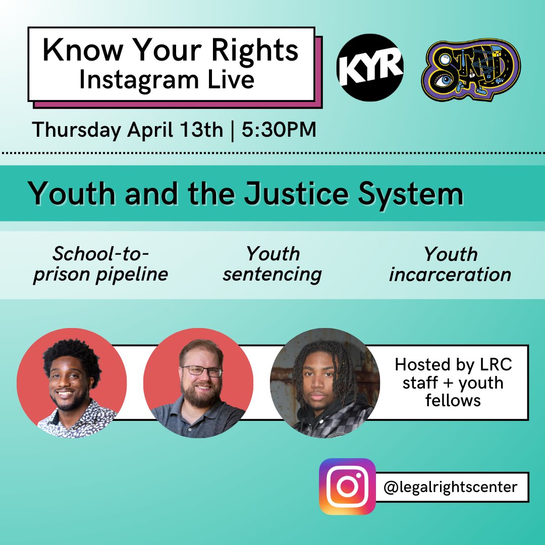 Join LRC staff and youth fellows on IG Live this Thursday, April 13th at 5:30PM for 'Youth and the Justice System' - a conversation about the school-to-prison pipeline, youth sentencing, and youth incarceration. Drop in as you can, and bring any questions you have for the team!