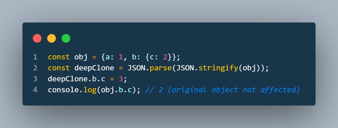 zalimidis's tweet image. 🔗 #DevTip: Simplify deep cloning of objects in #JavaScript with JSON.parse() and JSON.stringify(). Preserve nested structures without references.

#WebDev #CodingTips #TheWeeklyDev #JavaScript