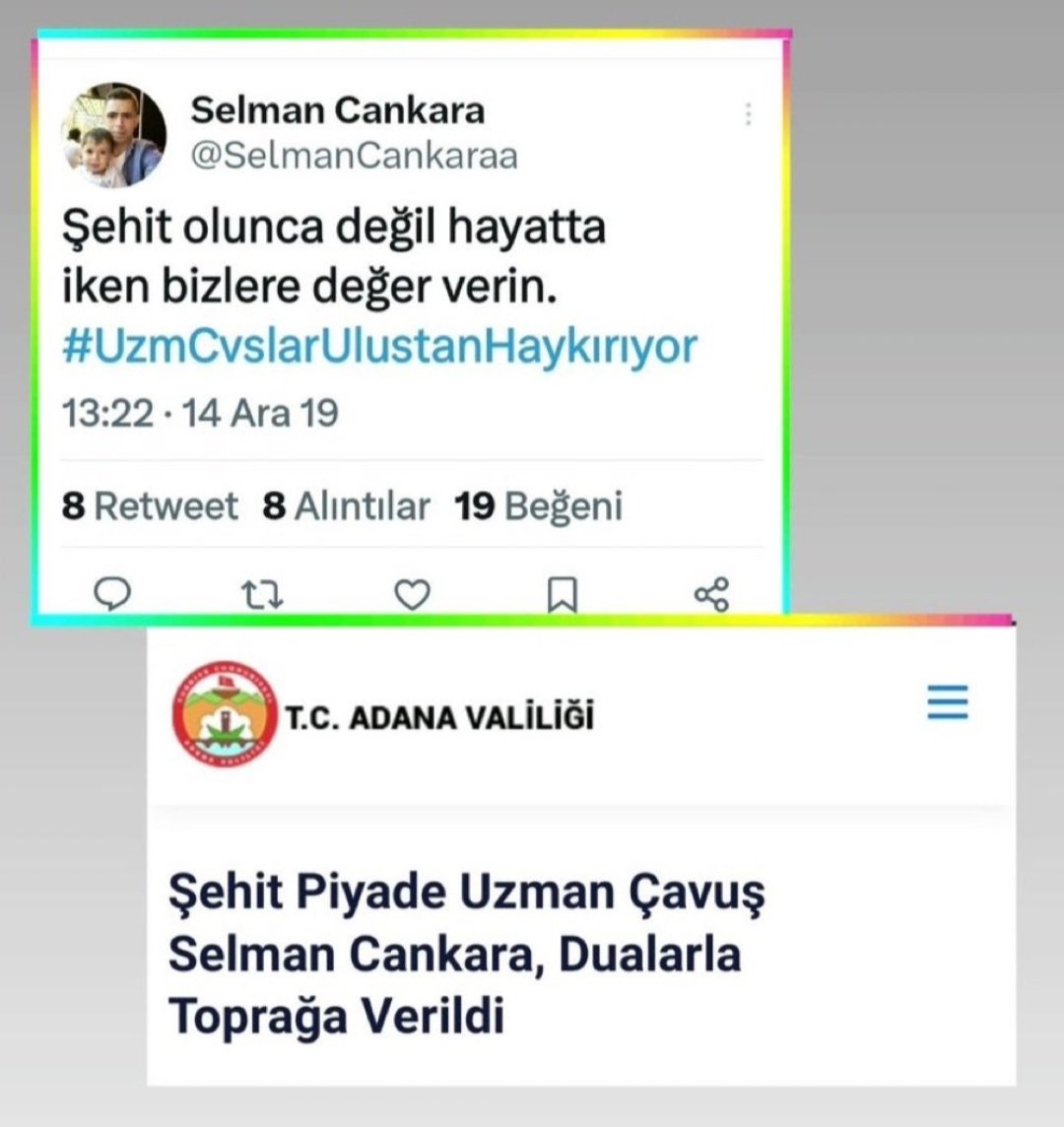 Gazete köşelerinde küçük bir haber yapılan Rütbe.
Çocuğuna Karaciğer(Doku) verdiginde yok sayılan.
Yaşarken bilinmeyen
Şehit olunca 45 saniye 

Uzman Çavuşlar vefa bekliyor
Sadece Vefa ...

<a href="/dbdevletbahceli/">Devlet Bahçeli</a> 
<a href="/BY/">Binali Yıldırım</a> 
<a href="/dijital/">Dijital</a> 

#ReisSözleşmeUzmÇvşaDert