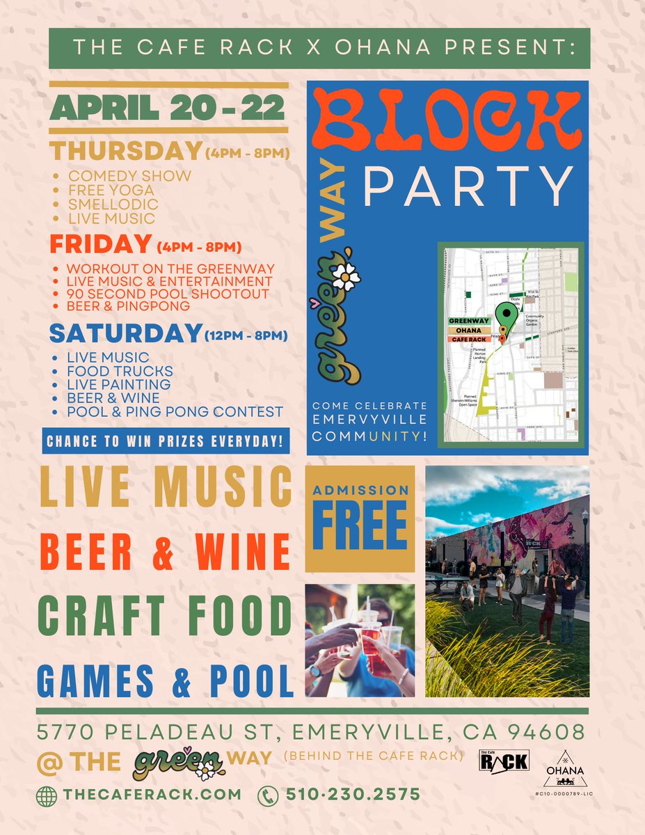 BLOCK PARTY!! 🎉

You’re invited!
WHEN: APRIL 20-22nd
WHERE: Emeryville Greenway (directly behind Ohana Cannabis Co. &amp; Cafe Rack)

We are thrilled to announce our upcoming 4/20 Block Party!
#JoinTheOhana