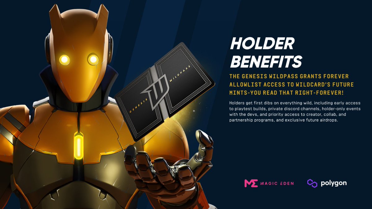 📢 Hey Wildlings! Discover HOLDER benefits with Genesis Wild Pass: forever access to mints, early access to builds, exclusive events, programs, and airdrops. 

Explore Wildcard to the fullest! 🚨4.20.23🚨

#Wildcard #GenesisWildPass #HolderBenefits #EarlyAccess #ExclusiveAirdrops