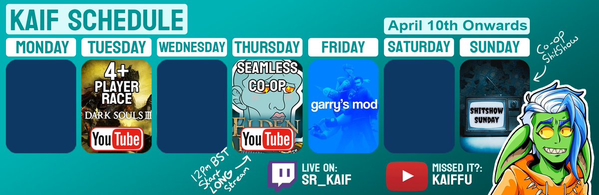 KaiffYT's tweet photo. I have eyestrain and need to stream less
T: #DarkSouls3 - Me, Stan, Glen and Rob race to get the furthest while chat use crowd control
Th: #EldenRing - We will be starting 5 hours earlier than normal. Expect Salt.
F: #GMOD - PropHunt fun!
Su: #ShitshowSunday - More shitty co-op! https://t.co/jzq8wcBzEh