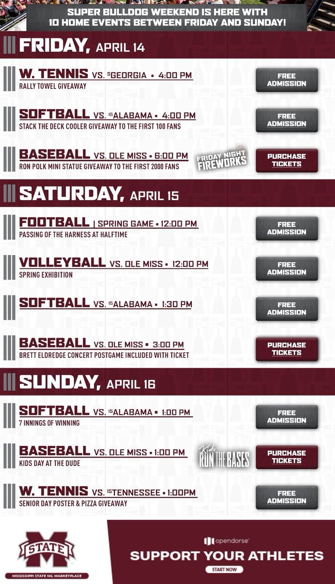 A clearer graphic for all of the fun this weekend for @HailState #SuperBulldogWeekend