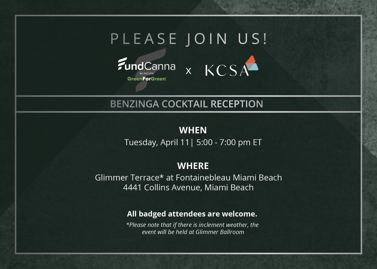 FundCanna will be at Benzinga's Cannabis Capital Conference this week. Adam Stettner, Ryan Freitas and Eric Kaufman will be on hand and are looking forward to meeting with you!

#benzingacannabiscapital conference