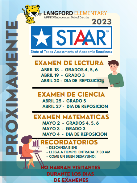 Parents, please remember that there will be no visitors during testing days, even if your child is not in a testing grade. Padres, recuerden que no habrá visitantes durante los días de exámenes, incluso si su hijo no está en el grado de examen.