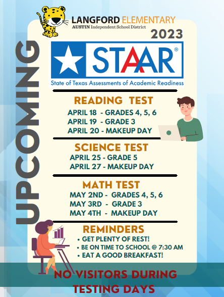 TheLeopardSpot's tweet photo. Parents, please remember that there will be no visitors during testing days, even if your child is not in a testing grade.

Padres, recuerden que no habrá visitantes durante los días de exámenes, incluso si su hijo no está en el grado de examen. https://t.co/YhokrzkhoP