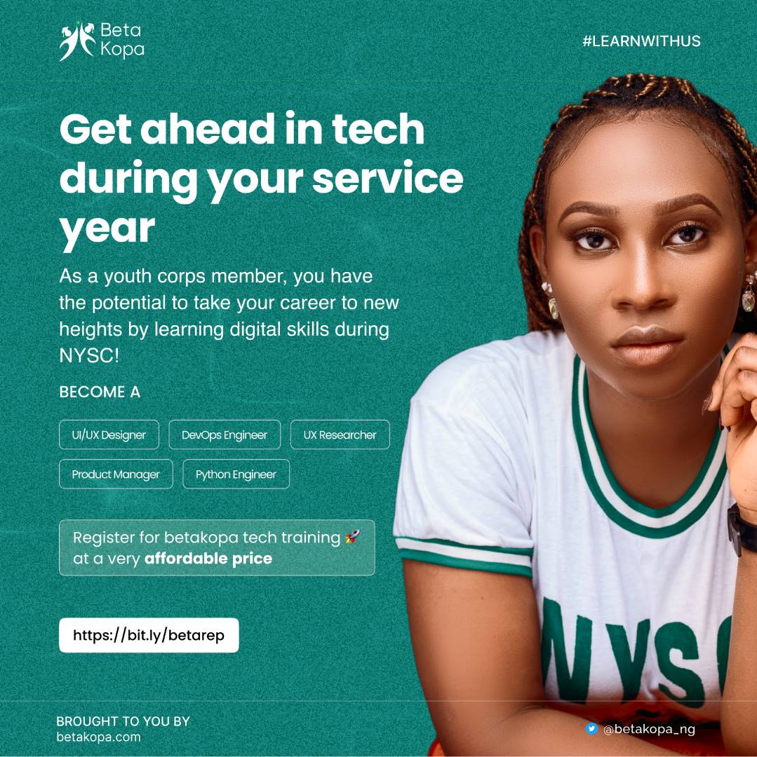 BetaKopa_ng's tweet photo. Are you a youth corper in search of a solid plan after NYSC? Betakopa is here to help! Gain valuable skills and set yourself up for a better future with our 50% scholarship waiver offer.
#NYSCcalling #nysccamp #nyscdiary #nysccamp #9jaCorper #Betakopa #NYSC360 https://t.co/QdWc3F5uLs