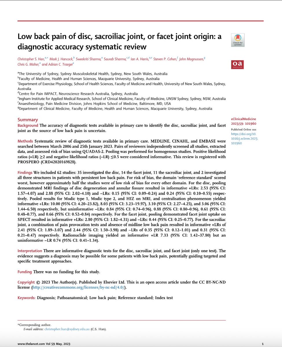 I had grown accustomed to stating 
“it’s not possible to reliably locate the source of low back pain” 

Then <a href="/Chris_Han12/">Chris Han</a> completed this DTA review and I had to rethink

Published in Lancet Discovery Sci <a href="/eClinicalMed/">eClinicalMedicine – The Lancet Discovery Science</a>

Great team and what a PhD paper!  
sciencedirect.com/science/articl…