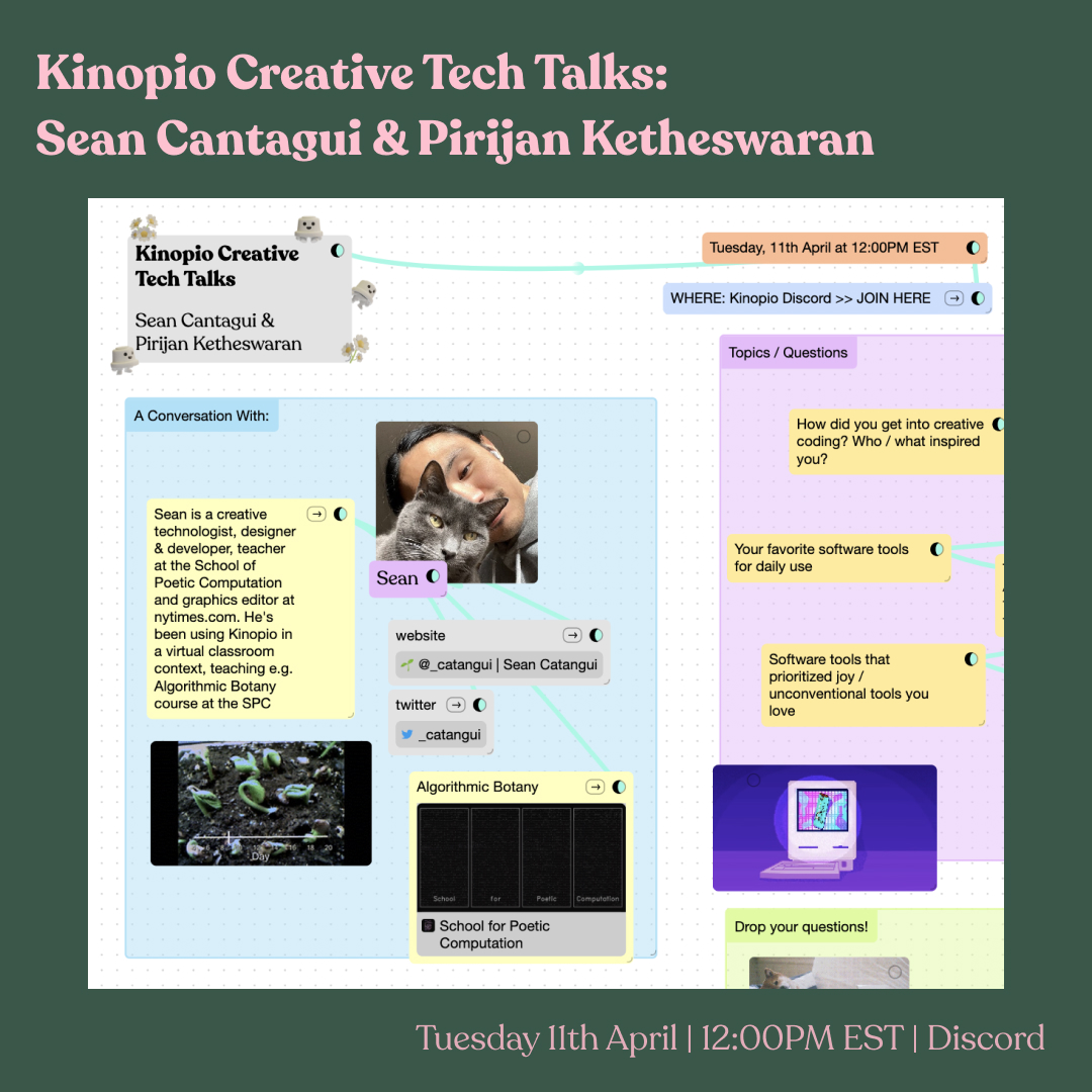 Join our community call this Tuesday at 12:00 EST. This time we're happy to have Sean <a href="/_catangui/">Sean Catangui</a>, teacher at the School of Poetic Computation, talk all things #creativetechnology &amp; design with <a href="/pketh/">Piri</a> 

📺: discord.gg/8pJg56hv?event…