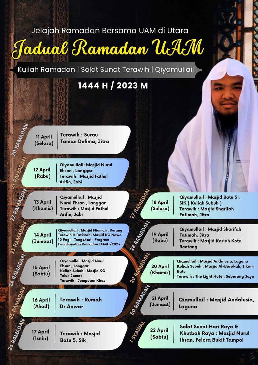 UAMcenter's tweet photo. [JELAJAH RAMADAN BERSAMA UAM DI UTARA]
.
.
Jadual ustaz sepanjang 12 hari terakhir Ramadan di utara.

Jom sama-sama memburu lailatul qadar, malam yang lebih baik daripada seribu bulan.

Moga Allah terima amalan kita di bulan yang mulia ini. Amin ya rabb.
.
. https://t.co/MNOX7nD5Mn