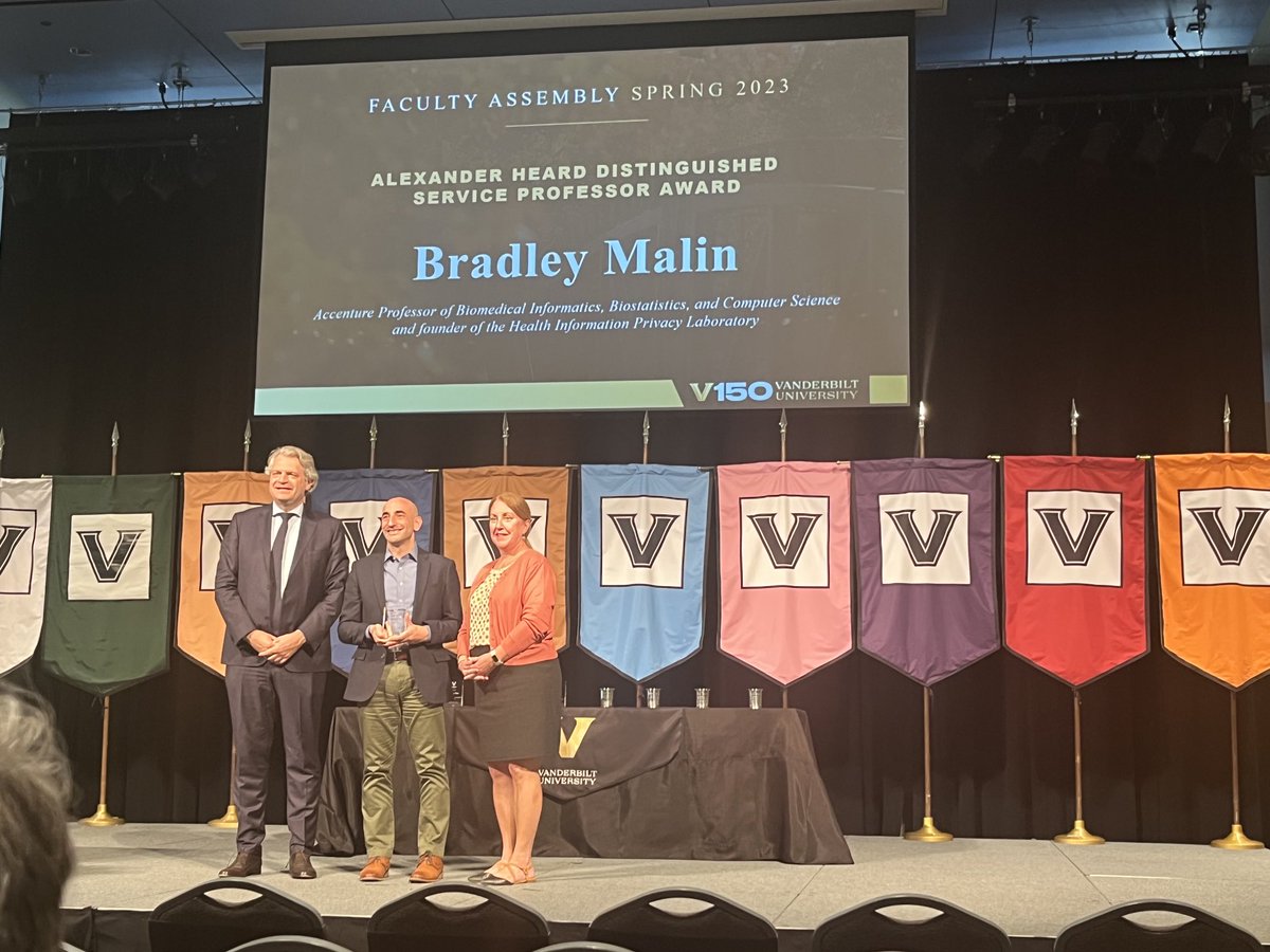 adamatw's tweet image. Huge congratulations to ⁦@bradmalin⁩ from ⁦@vumcdbmi⁩, who won the ⁦@VanderbiltU⁩ Alexander Heard Distinguished Service Professor Award. Brad’s outstanding research on privacy has changed the fields of informatics, healthcare and computer science.