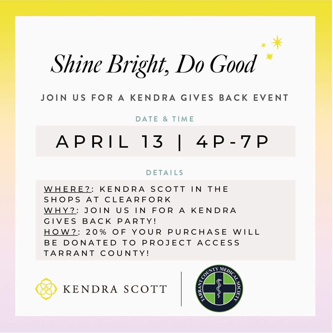 TarrantCountyMS's tweet image. @KendraScott will host @ProjectAccessTC on April 13 and help raise funds to support medical access in the community! #PATC #GivesBack 

Shop in-store or online. Visit rb.gy/ofoo8 for more information about #ProjectAccess