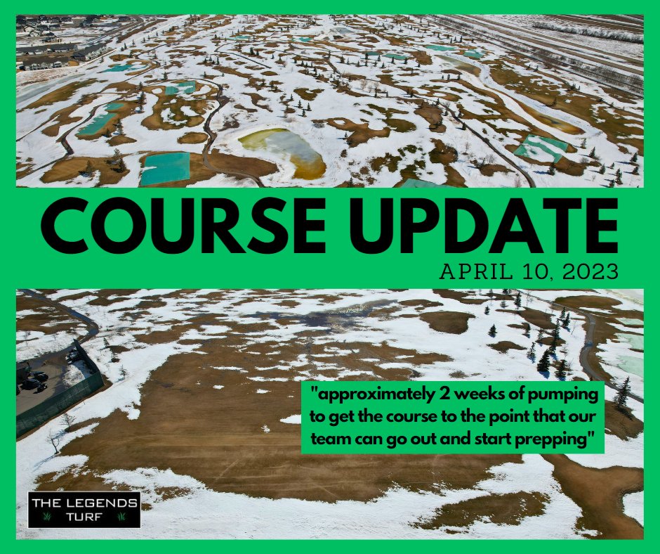 TheLegendsTurf's tweet photo. As of April 10th the course is finally starting to see some significant spring melt and we are able to get around and fully assess the current conditions of the course. Our first priority is clearing the greens of excess snow and water to prevent any freezing.  (1) https://t.co/c7vKk5cdNs