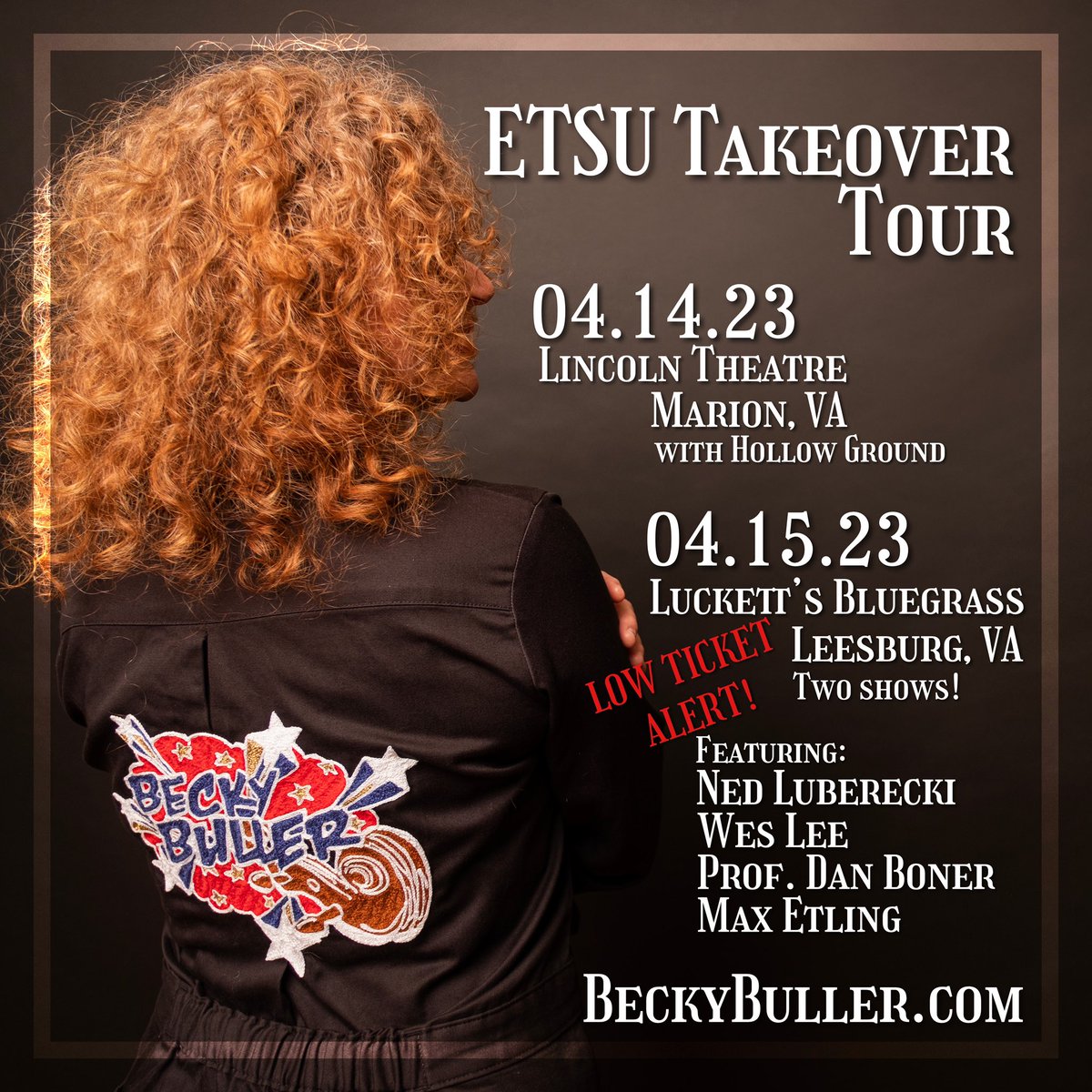 🚨🚨🚨LOW TICKET 🚨🚨🚨
.
We’re running out of tix for the Saturday night (04/15) show at @luckettsblugras!
.
Get ‘em while you can, y’all!
.
BeckyBuller.com/Tour
.
@VisitVirginia @mySWVA @SmythCountyTour @CrookedRoadSWVA @DCBU @BluegrassCntry @etsu @ETSUBluegrass