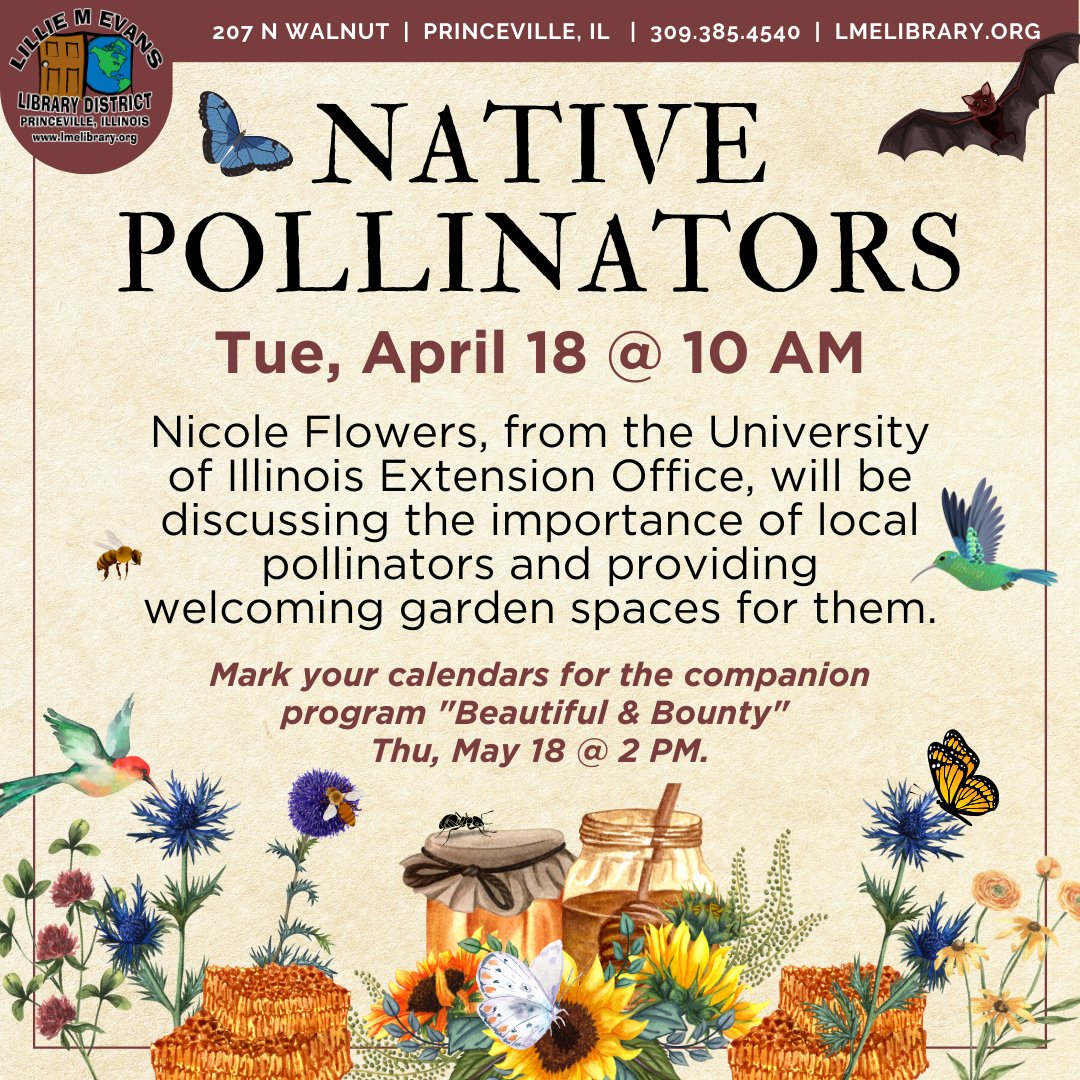 Nicole, from the University of Illinois Extension Office, will be discussing the importance of local pollinators & providing welcoming garden spaces for them.

#pollinators #nativepollinators #UofI #universityofillinois #pollinatorgarden #savethebees