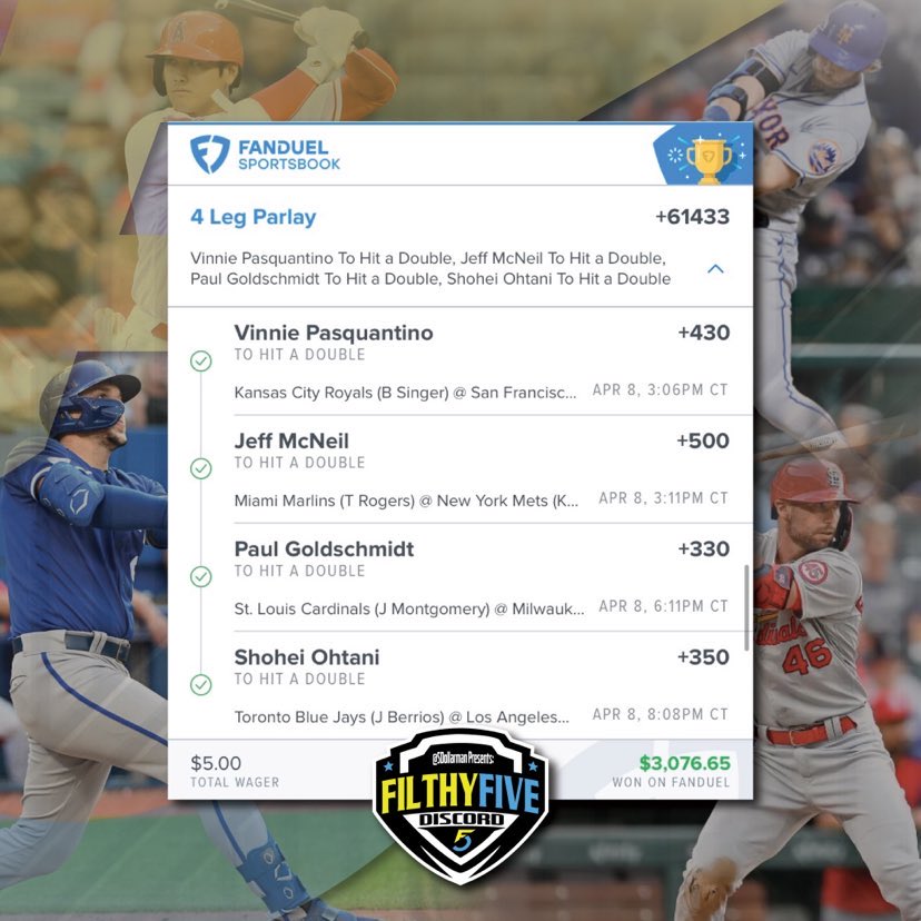 5dollarman's tweet image. 🟢We are green ladies and gents🟢

FD finally unlocked my account😂

$5--&amp;gt;$3,076

Been on an absolute tear to start the MLB season.

Come join the team for $11.99👇

whop.com/filthyfive-dis…