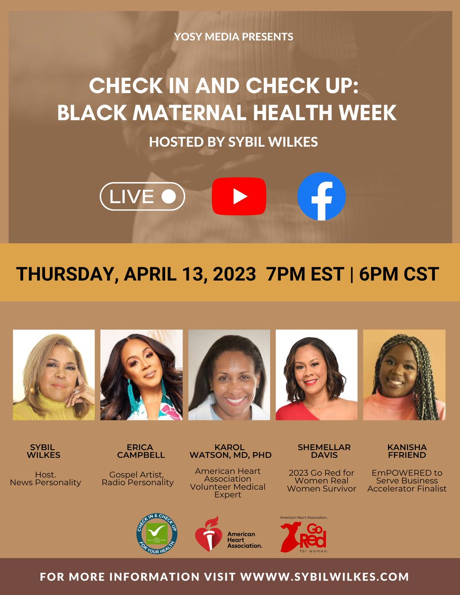 SybilWilkes's tweet photo. And we're back! @American_Heart
Check In And Check Up: Black Maternal Health Week
Thursday, April 13, 2023 - 7pmEST / 6pmCST
See you there!
#sybilwilkes #whatyouneedtoknow #checkinandcheckup https://t.co/A7GtqvgYIE