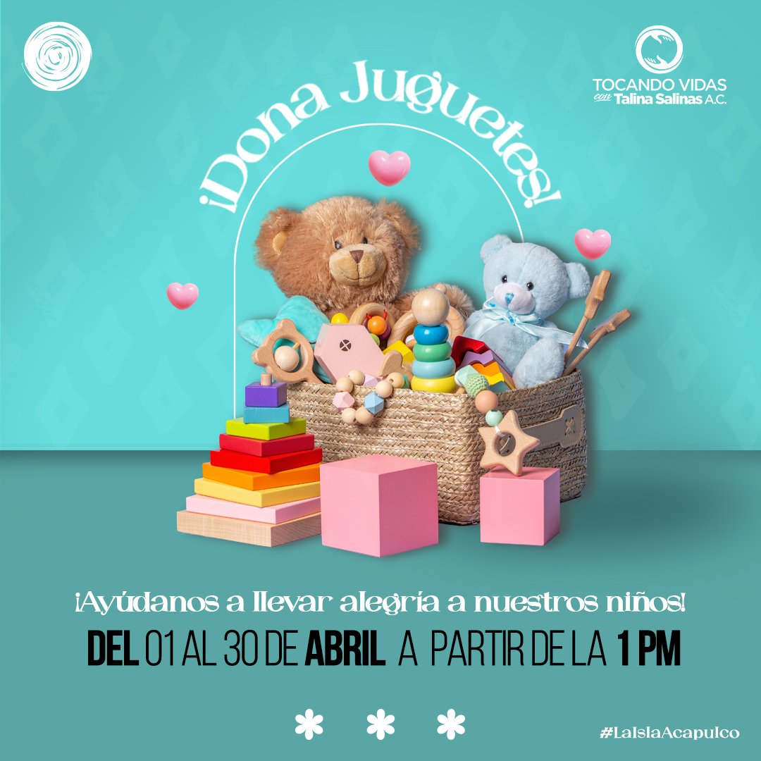 Tocando Vidas con Talina Salinas A.C. y La Isla celebramos el Día del Niño y nos unimos para llevar alegría y felicidad a nuestros niños de zonas marginadas.
¡Participa en nuestra recaudación de juguetes que serán entregados este 30 de abril. 📷