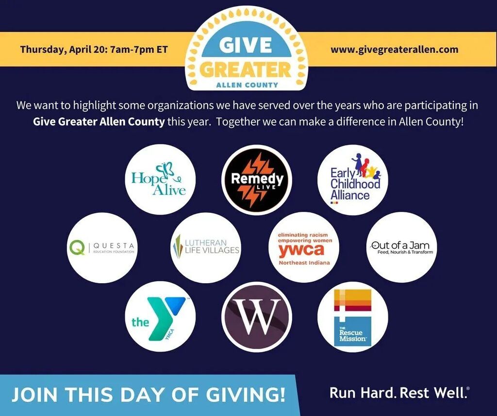RunHardRestWell's tweet image. Over the last 8 years Run Hard. Rest Well.® has served 80 Allen County organizations. These organizations support so many different causes that help improve the quality of living in Northeast Indiana. 

There are over 100 local organizations participating in Give Greater All…
