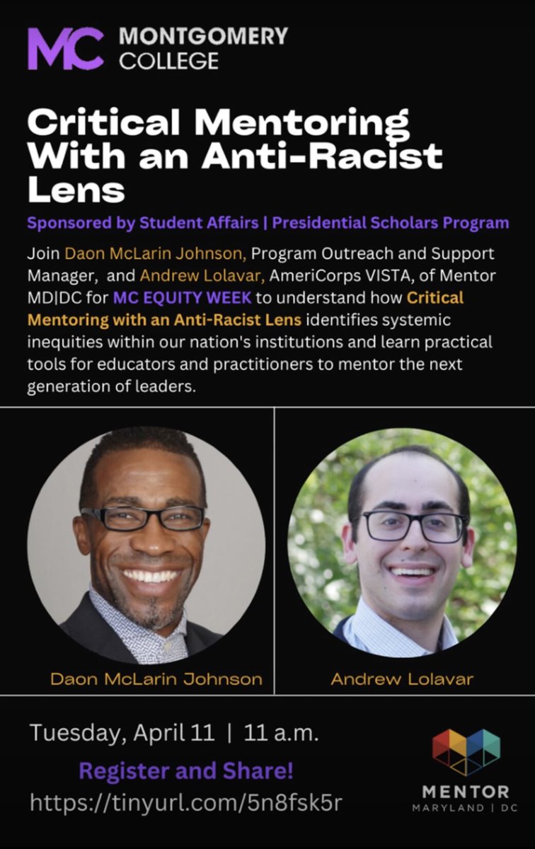 Join our Critical Mentoring with an Anti-Racist Lens tomorrow at 11 a.m. Register and share here: https:tinyurl.com/5n8fsk5r #equityandinclusion #antiracistinstitution #diversity #mentoringtransforms #YouBelongHere ⁦@montgomerycoll⁩ ⁦@MCEngage⁩