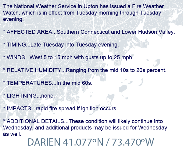 CT_StormWatcher's tweet photo. Local Weather Alert: Fire weather watch in effect from tuesday morning through tuesday evening for southern connecticut and the lower hudson valley https://t.co/yyoy7rulfp