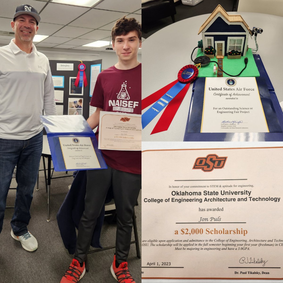 Congratulations to Jon! He won 1st place in Engineering at the 2023 NAISEF Science/Engineering Competition! Jon was awarded a $2000 scholarship to <a href="/okstate/">Oklahoma State Univ.</a>, $750 cash from the <a href="/usairforce/">U.S. Air Force</a>, and $750 from @boeing for the device he designed that is used to deter home invasions.
