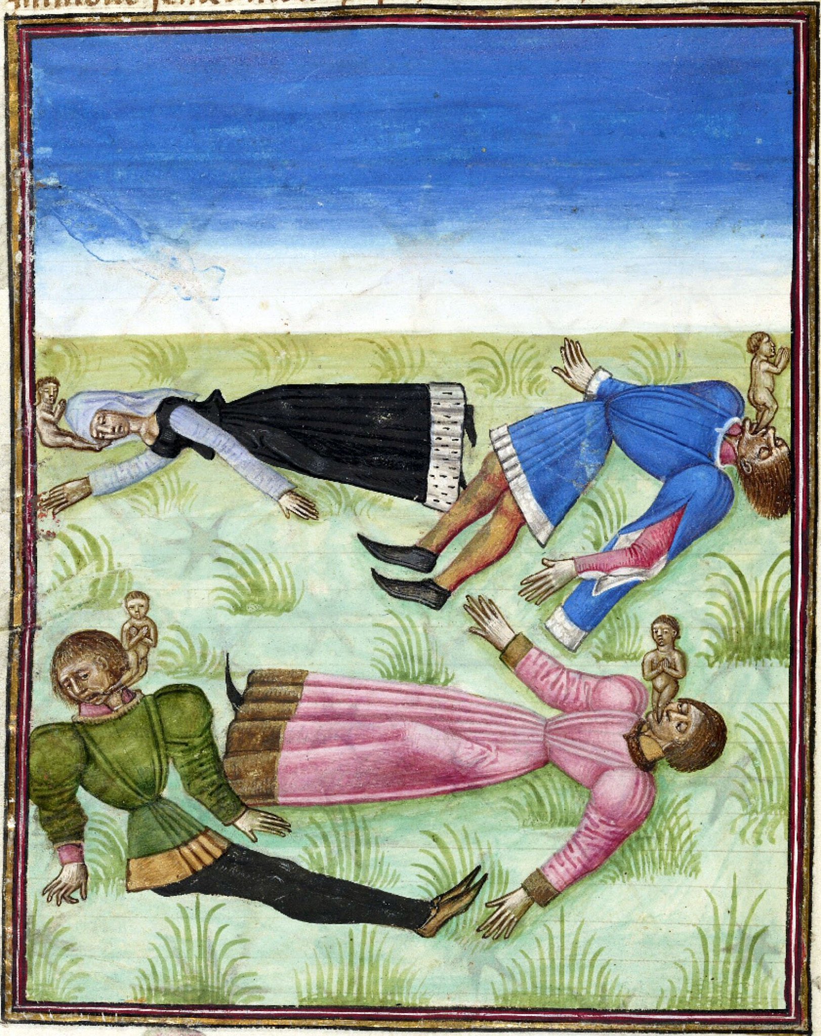 A medieval illustration of four people lying in the grass dead while tiny naked people emerge from their mouths