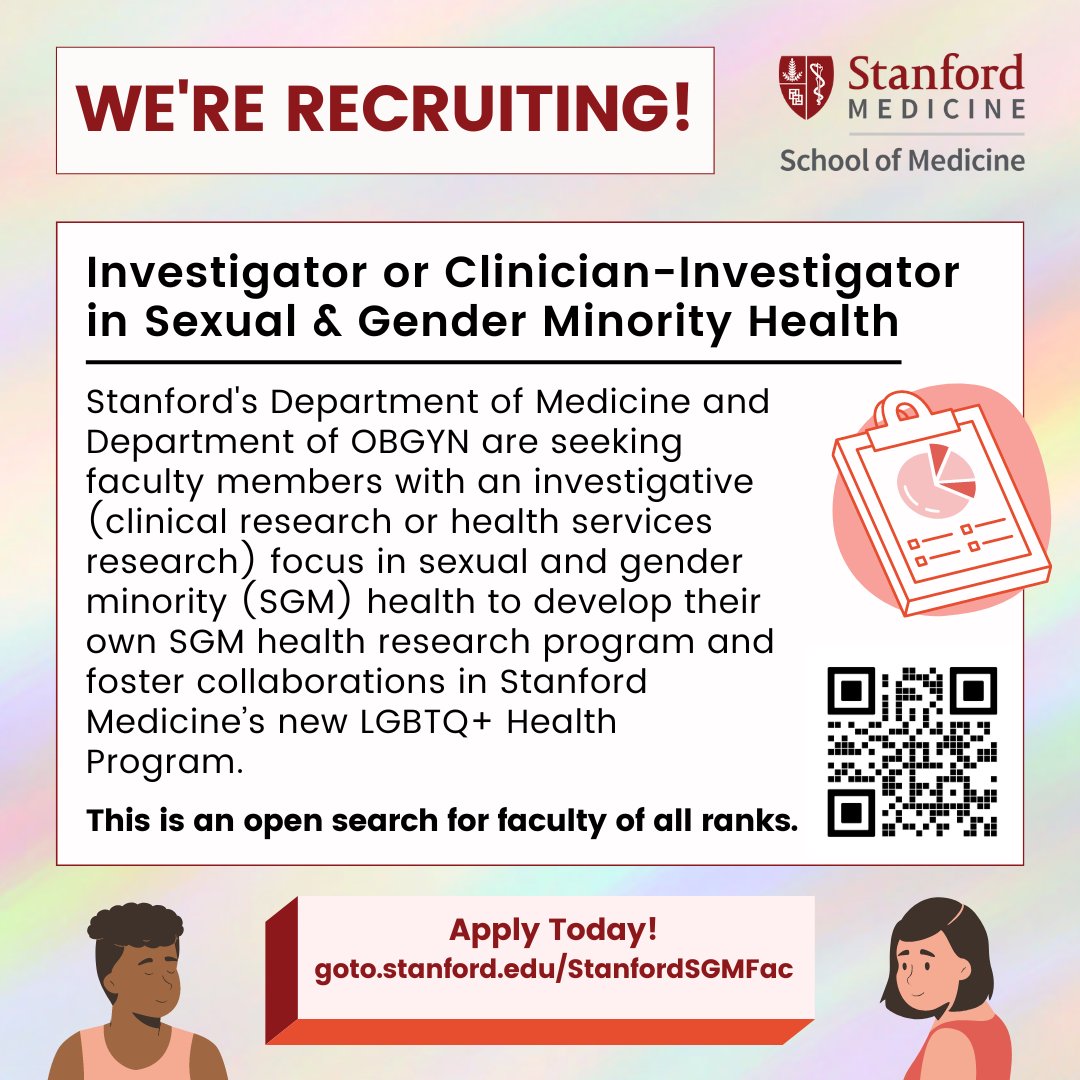 Stanford University School of Medicine are seeking two faculty members with an investigative (clinical research or health services research) focus in sexual and gender minority (SGM) health. Learn more and apply at: goto.stanford.edu/StanfordSGMFac #LGBTQJobs