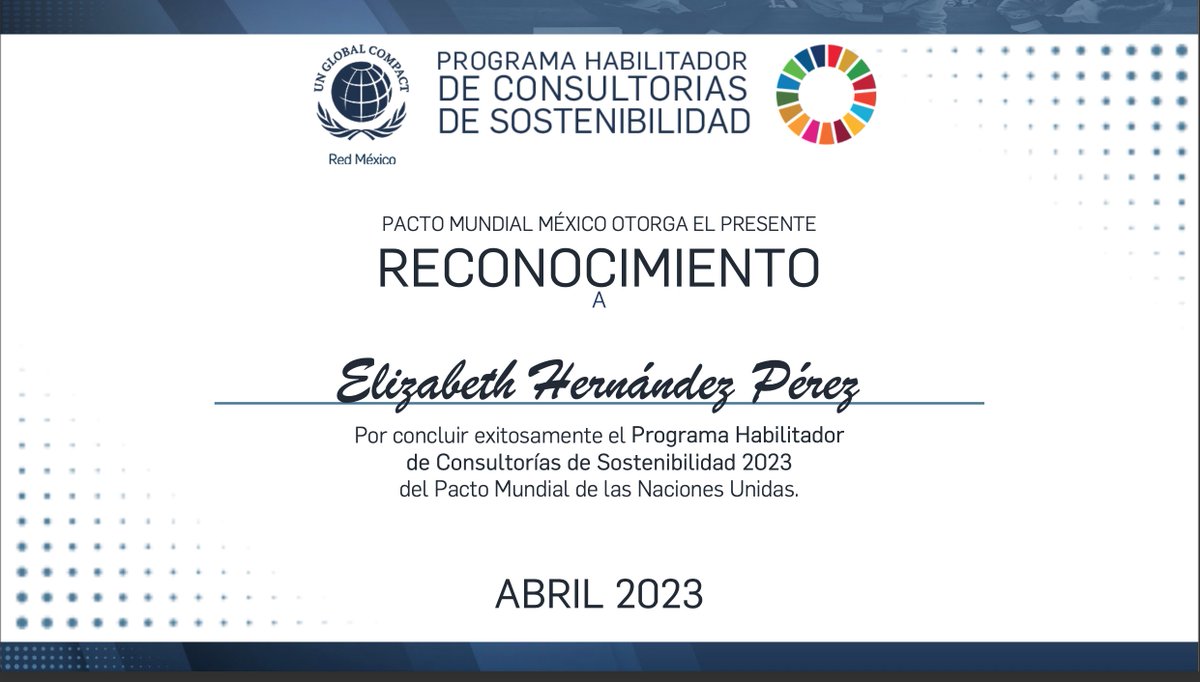 Agradecemos al @PactoMundialMex por apoyar el desarrollo profesional de nuestros consultores. Juntos para lograr el cambio hacia un sistema sostenible #capacitacion #ESG #sostenibilidad #UNGlobalCompact