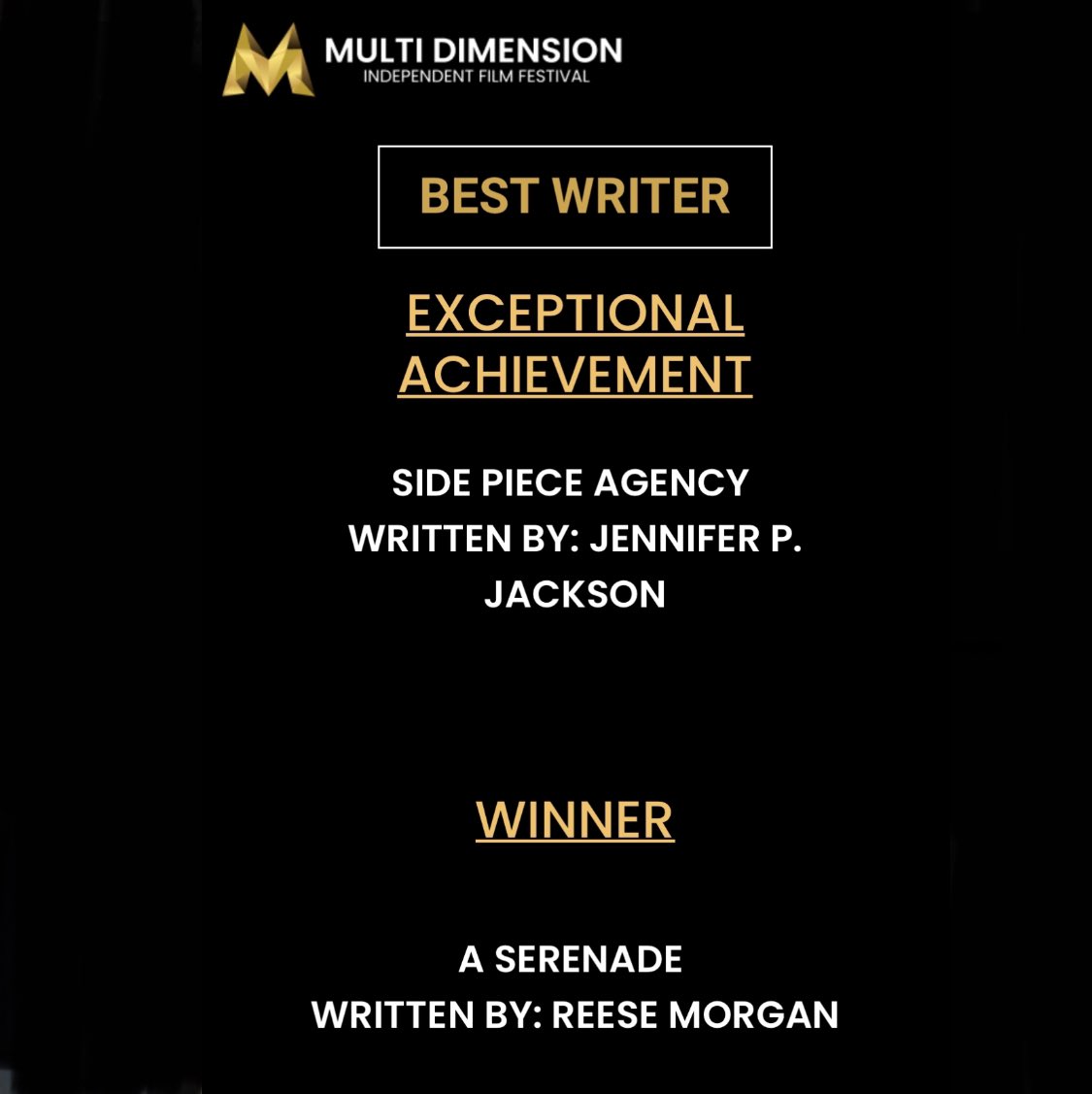 rm_screenwriter's tweet image. A SERENADE has been escalated to WINNER in the "Best Writer" category at the Multi Dimension Independent Film Festival 🎞️🎉
#film #featurefilm #featurescript #bestwriter #filmmaking #filmmaker #screenwriting #writerscommunity @MDIFF21