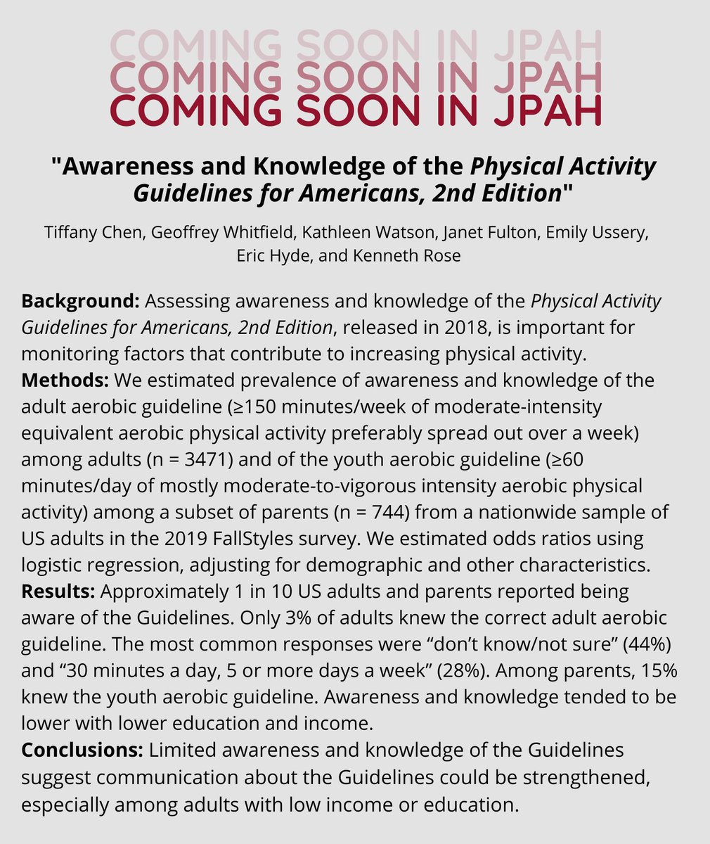 Setting physical activity guidelines: 👍
Communicating what those guidelines are 👎

New research from <a href="/CDC_DNPAO/">CDC DNPAO</a> suggests that limited awareness and knowledge of the 🇺🇸 guidelines is a big issue. 

<a href="/ericthyde/">Eric T. Hyde, PhD, MPH</a>