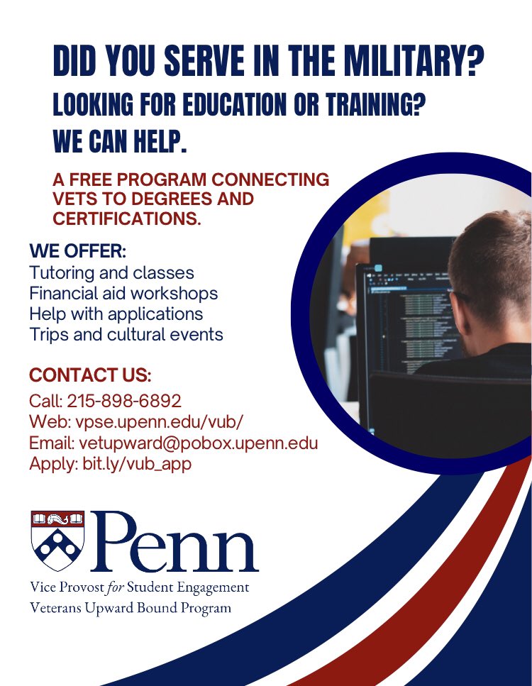 WestPhillyPN's tweet photo. UPenn’s Veterans Upward Bound program is built to serve the educational needs of those who serve the country.🎖️📚 For free access to college prep classes, financial aid advice, and more, apply today at the link below!

https://t.co/WPPKJeOE2P https://t.co/pPl4DVAIRq