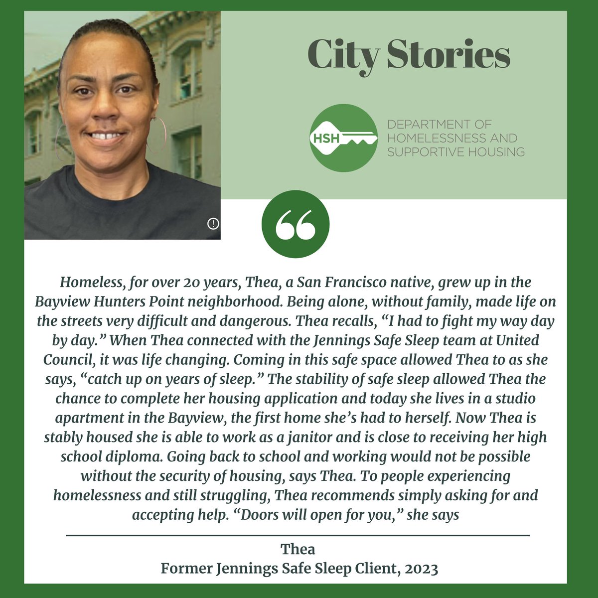 Stable housing means everything to someone struggling. Read Thea's story below, and see what an impact housing had for her. #WeAreHomeSF