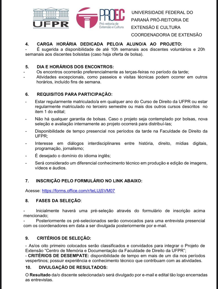 Aos estudantes da <a href="/DireitoUFPR/">Setor de Ciências Jurídicas</a> que me acompanham, e outros estudantes da UFPR interessados em história do direito, fica o convite para participarem do novo projeto de extensão que coordeno.
Leiam o edital abaixo e acessem o link de inscrição aqui: forms.office.com/r/teLUjSVM07