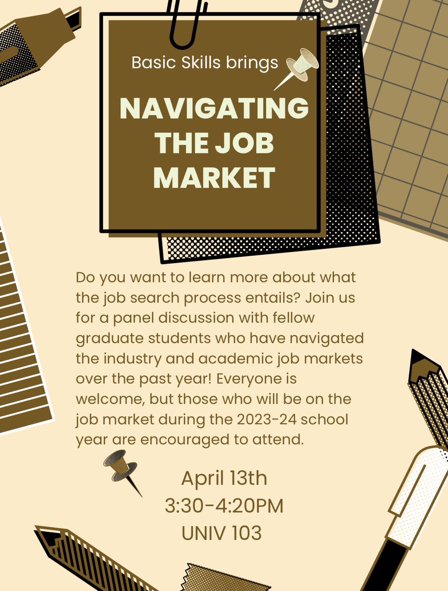 basicskillswork's tweet photo. Do you want to learn more about what the job search process entails? Join us for a panel discussion with fellow graduate students who have navigated the industry and academic job markets over the past year!

Date: April 13
Time: 3:30 - 4:20pm
Location: UNIV 103 https://t.co/8r7cycAm98